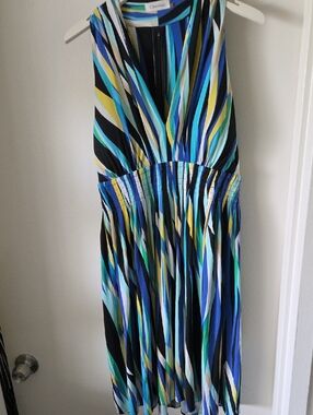 Calvin Klein Blue, Teal & Yellow Striped V-Neck Midi Dress